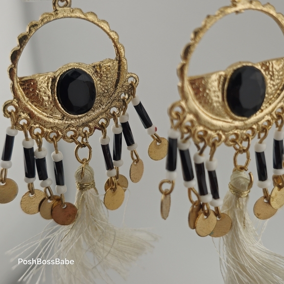 Boho Chic Gold and Black Beaded Statement Earrings – 3.25" Length - Picture 8 of 8